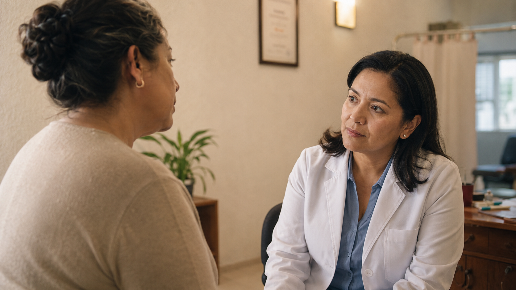 Médica conversando con un paciente en un consultorio privado en México.