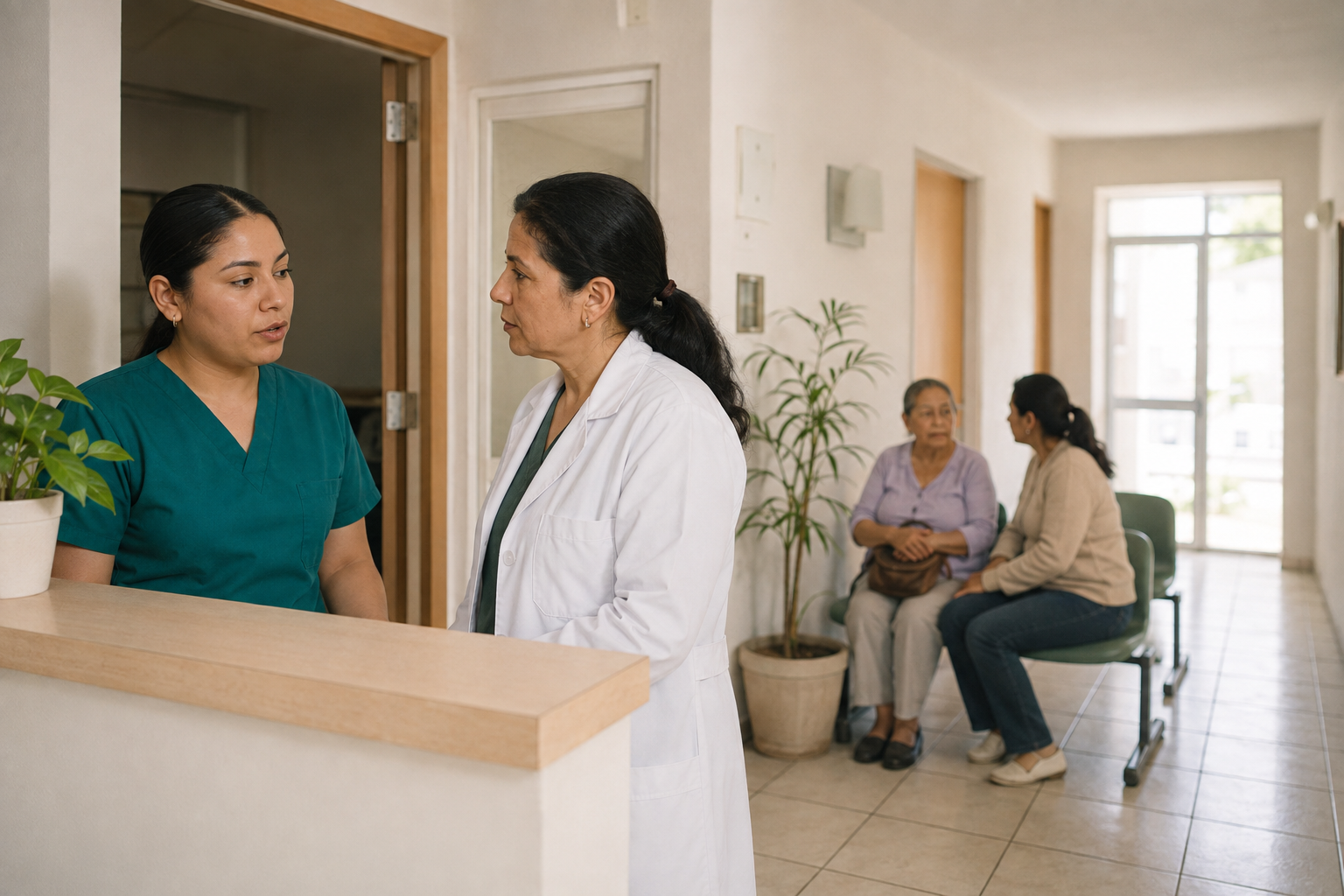 Asistente y médica conversando en la recepción de un consultorio pequeño, con dos pacientes esperando al fondo.