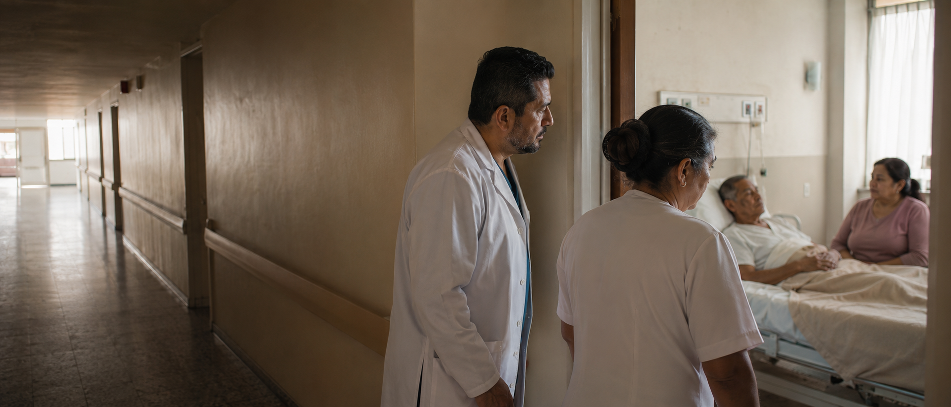 Médico y enfermera conversando en el pasillo de un hospital mexicano, con la habitación de un paciente al fondo.