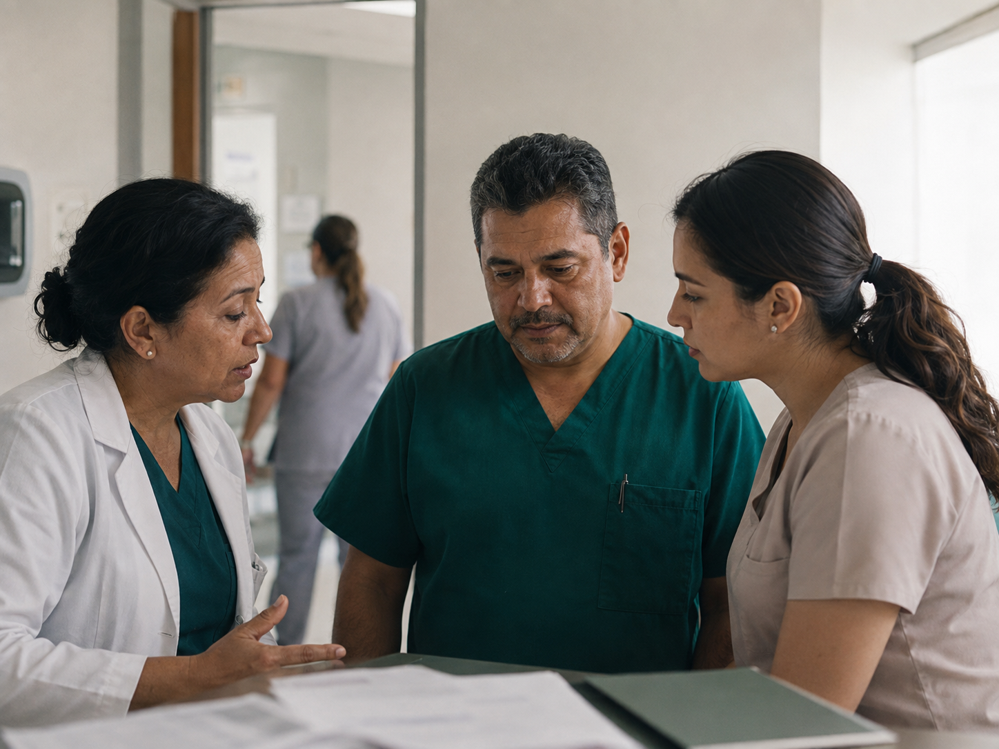 Tres profesionales de la salud revisando documentos clínicos juntos en un pasillo de hospital.