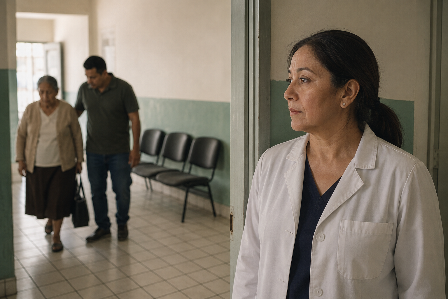 Médica en el pasillo de una clínica en México, con una paciente adulta mayor y su acompañante caminando hacia la sala de espera al fondo.